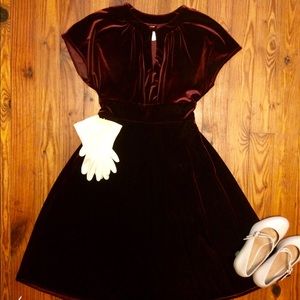 Maroon Velvet Mid Length Dress w Keyhole Detail